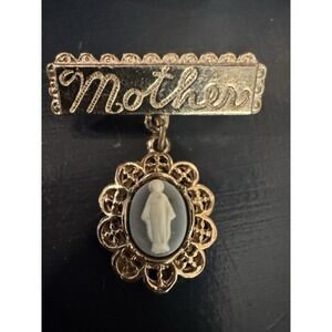 Vintage mother Pin With Virgin Mary Faux Cameo Gold Tone
